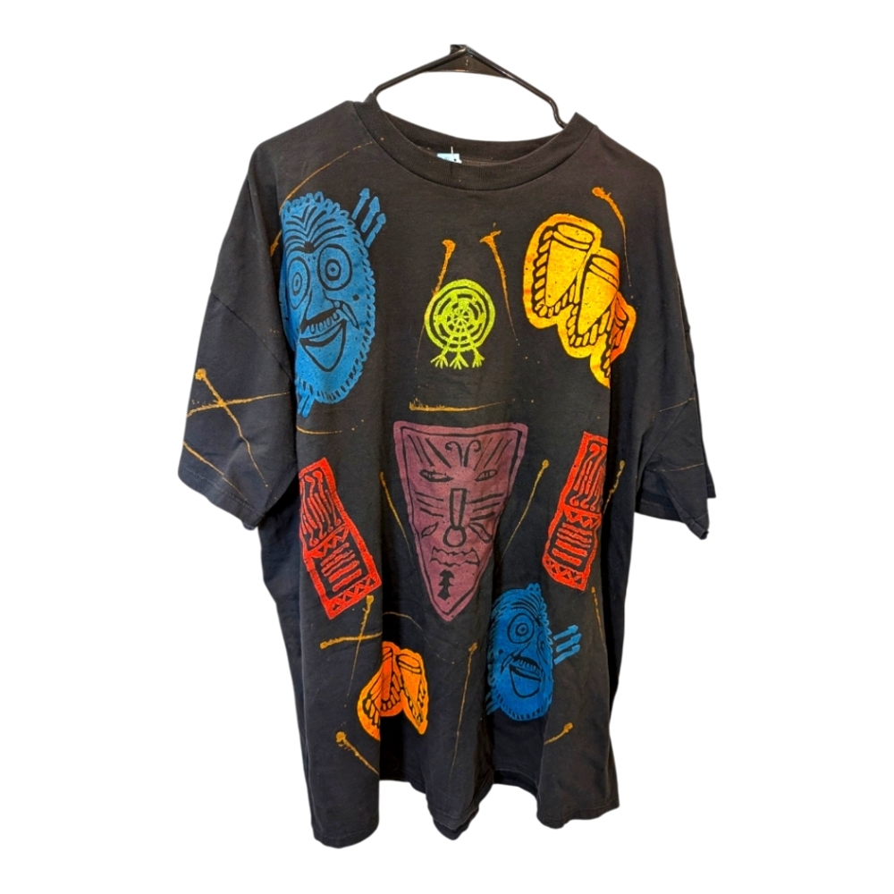 Vintage Honors Tribal Mask Graphic T-Shirt 3X  Black Made In USA Y2K Streetwear